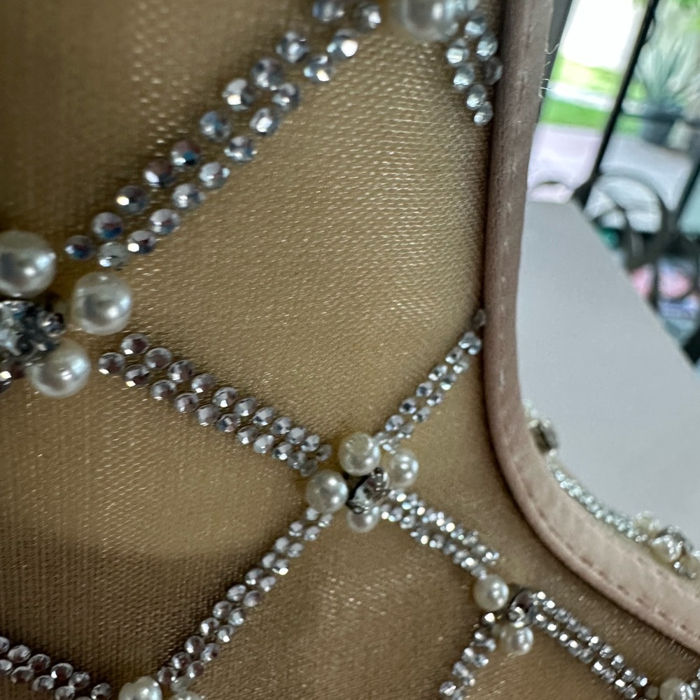 Betsey Johnson Beige Crystal-Embellished Pointed Ankle Bootie - Picture 9 of 10